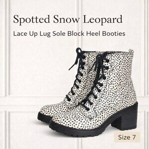 Spotted Snow Leopard Print Lace Up Lug Sole Block Heel Booties 7